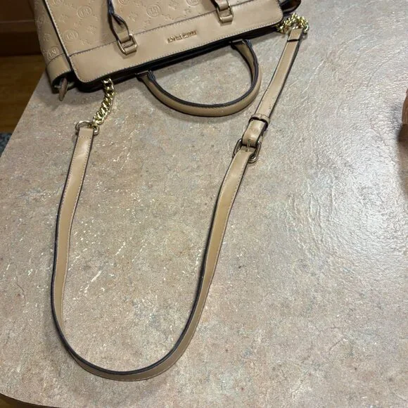 Ellen Tracy Monogram Signature Collection Double Handle Satchel Tan Faux Leather - Picture 15 of 16